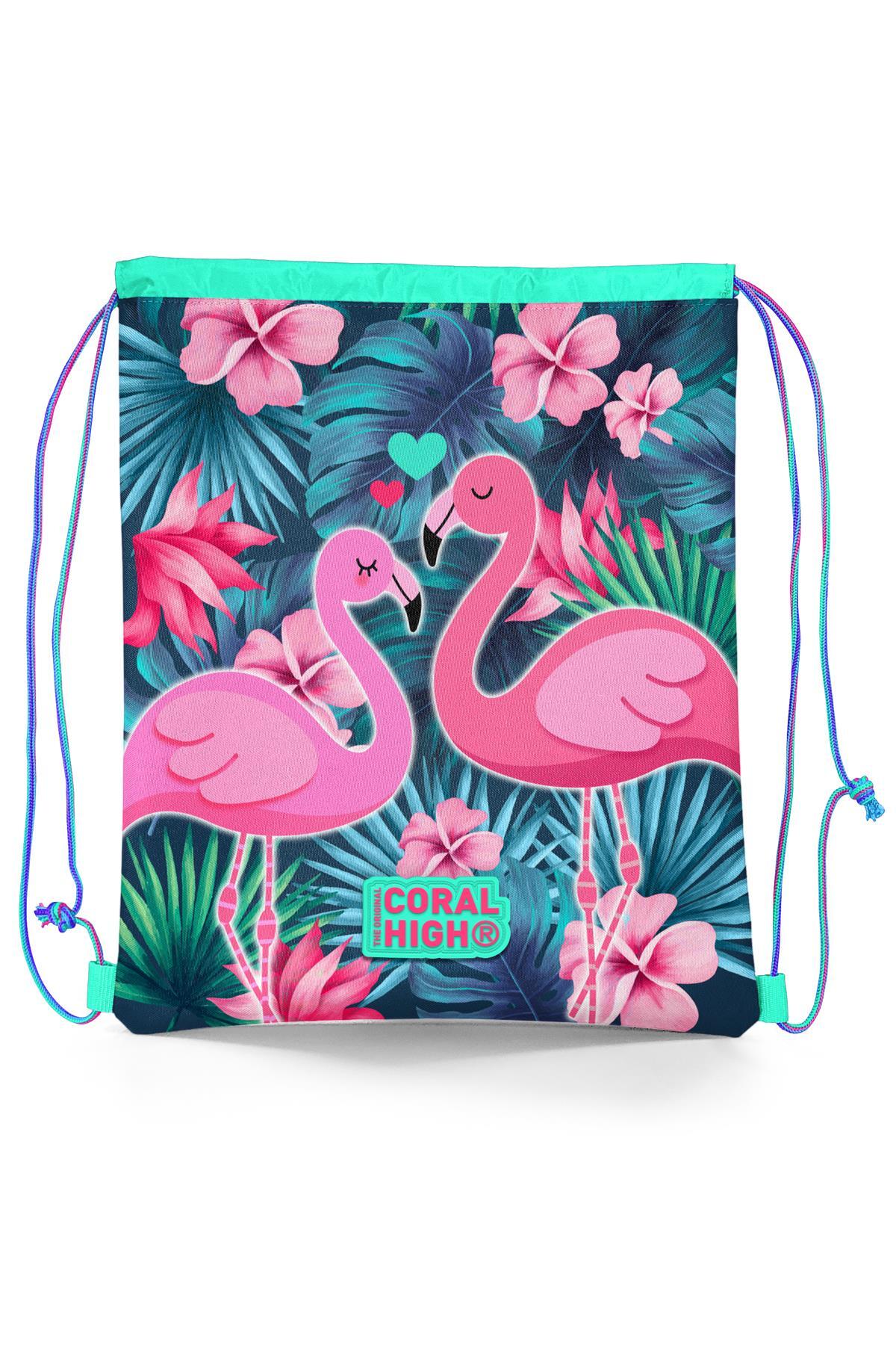 Coral High Kids Neon Mercan Su Yeşili Flamingo Desenli İpli Büzgülü Sırt Çantası 22484