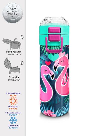 Coral High Kids Neon Mercan Su Yeşili Flamingo Desenli Pipetli ve Direkt İçim Çelik Termos 500 ml 31819 - Coral High KIDS