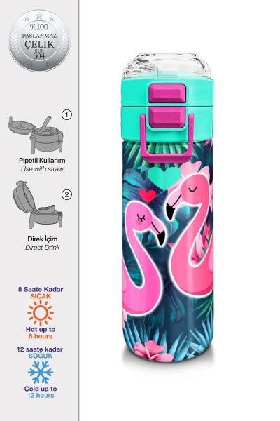 Coral High Kids Neon Mercan Su Yeşili Flamingo Desenli Pipetli ve Direkt İçim Çelik Termos 500 ml 31819 - 1