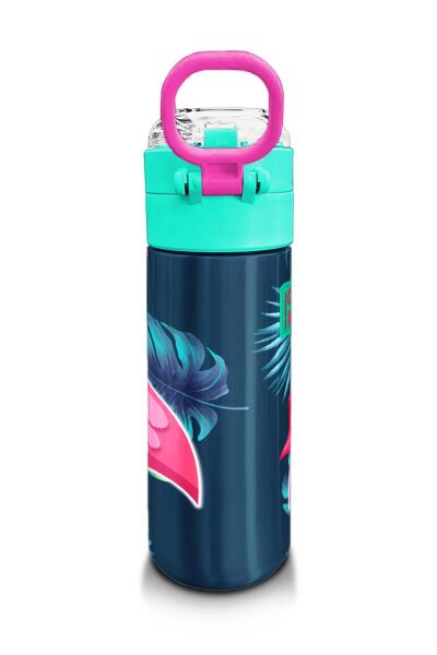 Coral High Kids Neon Mercan Su Yeşili Flamingo Desenli Pipetli ve Direkt İçim Çelik Termos 500 ml 31819 - 3