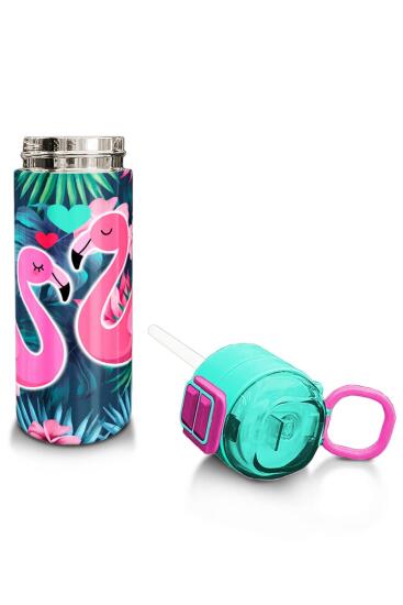 Coral High Kids Neon Mercan Su Yeşili Flamingo Desenli Pipetli ve Direkt İçim Çelik Termos 500 ml 31819 - 4