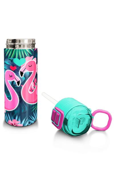 Coral High Kids Neon Mercan Su Yeşili Flamingo Desenli Pipetli ve Direkt İçim Çelik Termos 500 ml 31819 - 4