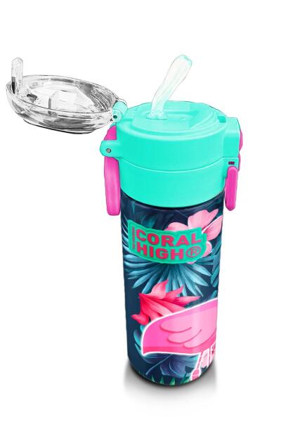 Coral High Kids Neon Mercan Su Yeşili Flamingo Desenli Pipetli ve Direkt İçim Çelik Termos 500 ml 31819 - 5