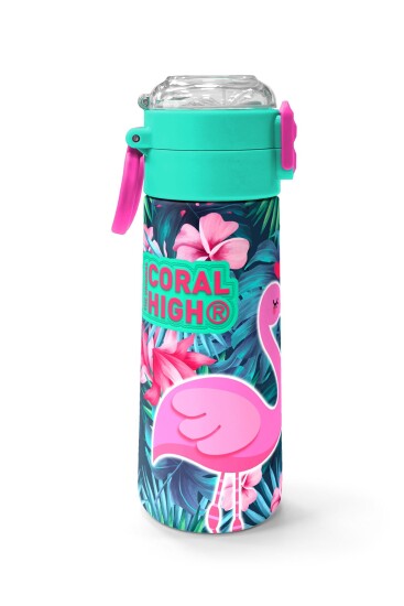 Coral High Kids Neon Mercan Su Yeşili Flamingo Desenli Pipetli ve Direkt İçim Çelik Termos 500 ml 31819 - 2