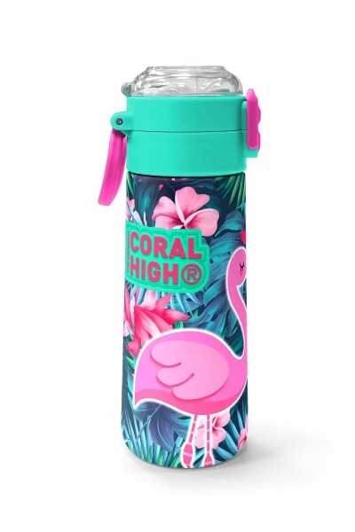 Coral High Kids Neon Mercan Su Yeşili Flamingo Desenli Pipetli ve Direkt İçim Çelik Termos 500 ml 31819 - 2