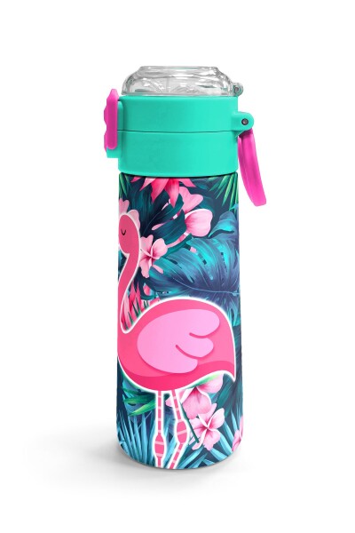 Coral High Kids Neon Mercan Su Yeşili Flamingo Desenli Pipetli ve Direkt İçim Çelik Termos 500 ml 31819 - 3