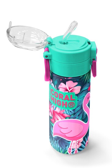 Coral High Kids Neon Mercan Su Yeşili Flamingo Desenli Pipetli ve Direkt İçim Çelik Termos 500 ml 31819 - 5