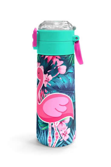 Coral High Kids Neon Mercan Su Yeşili Flamingo Desenli Pipetli ve Direkt İçim Çelik Termos 500 ml 31819 - 3
