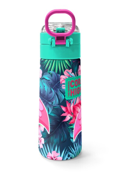 Coral High Kids Neon Mercan Su Yeşili Flamingo Desenli Pipetli ve Direkt İçim Çelik Termos 500 ml 31819 - 4
