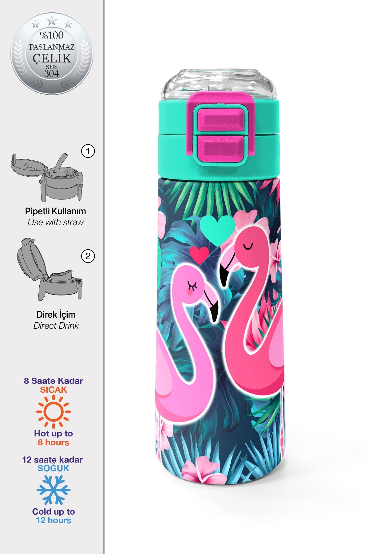 Coral High Kids Neon Mercan Su Yeşili Flamingo Desenli Pipetli ve Direkt İçim Çelik Termos 500 ml 31819