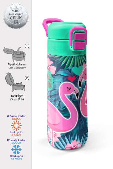 Coral High Kids Neon Mercan Su Yeşili Flamingo Desenli Pipetli ve Direkt İçim Çelik Termos 500 ml 31819 