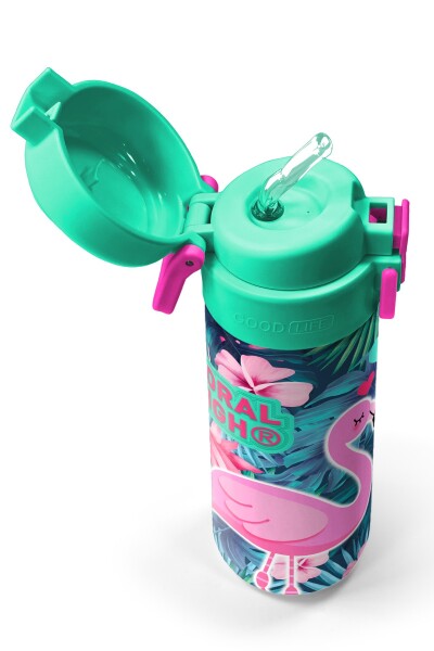 Coral High Kids Neon Mercan Su Yeşili Flamingo Desenli Pipetli ve Direkt İçim Çelik Termos 500 ml 31819 - 2