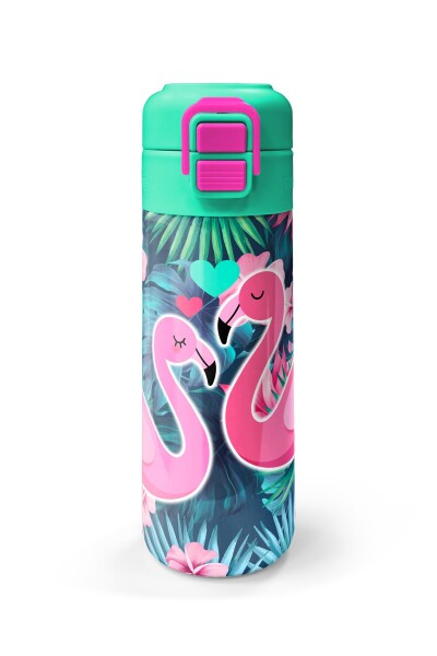 Coral High Kids Neon Mercan Su Yeşili Flamingo Desenli Pipetli ve Direkt İçim Çelik Termos 500 ml 31819 - 4