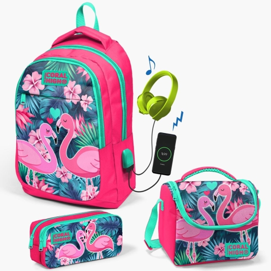 Coral High Kids Neon Mercan Su Yeşili Flamingo Desenli Usb'li 3’lü Okul Çanta Seti SET0123416 - 1