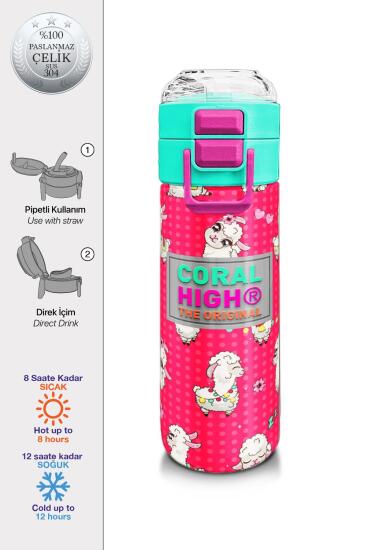 Coral High Kids Neon Mercan SuYeşili Alpaka Desenli Pipetli ve Direkt İçim Çelik Termos 500 ml 31914 - Coral High KIDS