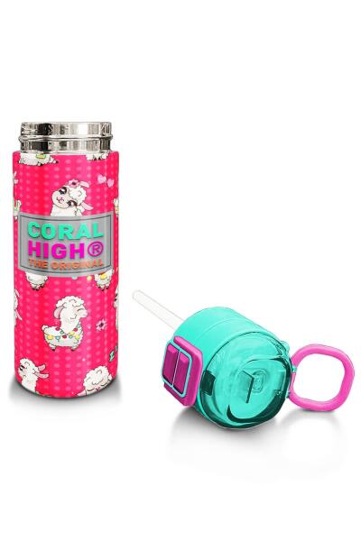 Coral High Kids Neon Mercan SuYeşili Alpaka Desenli Pipetli ve Direkt İçim Çelik Termos 500 ml 31914 - 4