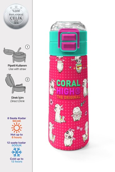 Coral High Kids Neon Mercan SuYeşili Alpaka Desenli Pipetli ve Direkt İçim Çelik Termos 500 ml 31914 - 1