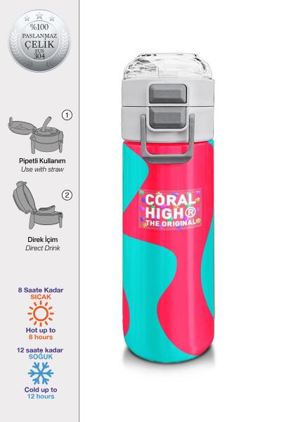 Coral High Kids Neon Mercan Turuncu Desenli Pipetli ve Direkt İçim Çelik Termos 500 ml 31885 - 1