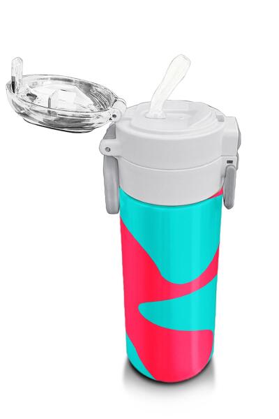 Coral High Kids Neon Mercan Turuncu Desenli Pipetli ve Direkt İçim Çelik Termos 500 ml 31885 - 5