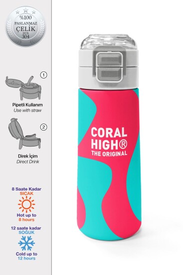 Coral High Kids Neon Mercan Turuncu Desenli Pipetli ve Direkt İçim Çelik Termos 500 ml 31885 