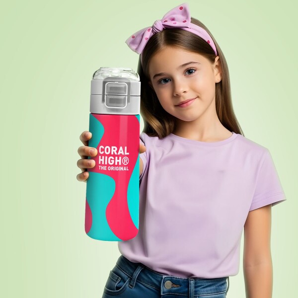 Coral High Kids Neon Mercan Turuncu Desenli Pipetli ve Direkt İçim Çelik Termos 500 ml 31885 - 4