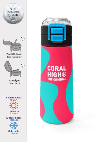 Coral High Kids Neon Mercan Turuncu Desenli Pipetli ve Direkt İçim Çelik Termos 500 ml 31885 - 1