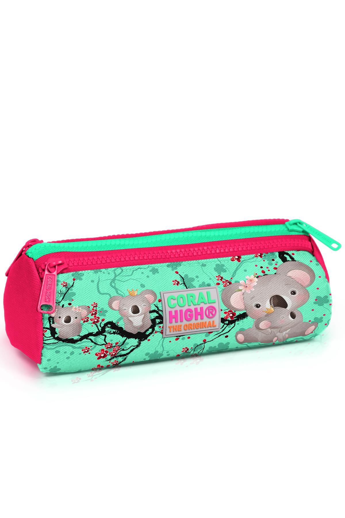 Coral High Kids Su Yeşili Neon Mercan Koala Desenli Üç Bölmeli Kalem Çantası 22013