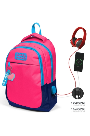 Coral High Kids Neon Mercan Lacivert Üç Bölmeli USB'li Okul Sırt Çantası 24306 - 1