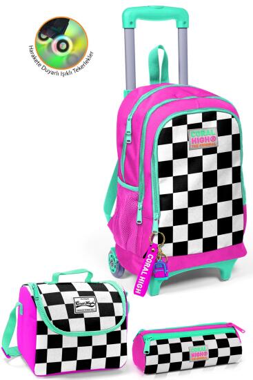 Coral High Kids Neon Pembe Dama Desenli Çekçekli 3'lü Çanta Seti SET0123901 - Coral High