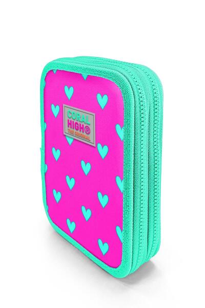 Coral High Kids Neon Pembe Su Yeşili Kalp Desenli Çift Katlı Kalem Çanta 11133 - 2