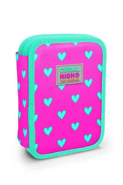 Coral High Kids Neon Pembe Su Yeşili Kalp Desenli Çift Katlı Kalem Çanta 11133 - 1