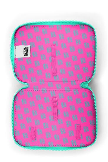 Coral High Kids Neon Pembe Su Yeşili Kalp Desenli Çift Katlı Kalem Çanta 11133 - 6