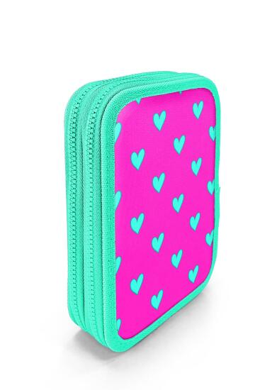 Coral High Kids Neon Pembe Su Yeşili Kalp Desenli Çift Katlı Kalem Çanta 11133 - 3