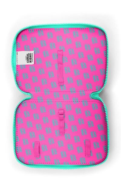 Coral High Kids Neon Pembe Su Yeşili Kalp Desenli Çift Katlı Kalem Çanta 11133 - 6