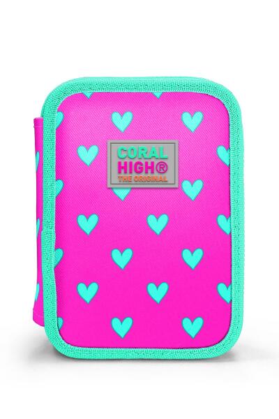 Coral High Kids Neon Pembe Su Yeşili Kalp Desenli Çift Katlı Kalem Çanta 11133 - 10