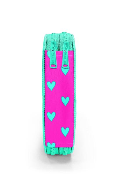 Coral High Kids Neon Pembe Su Yeşili Kalp Desenli Çift Katlı Kalem Çanta 11133 - 8
