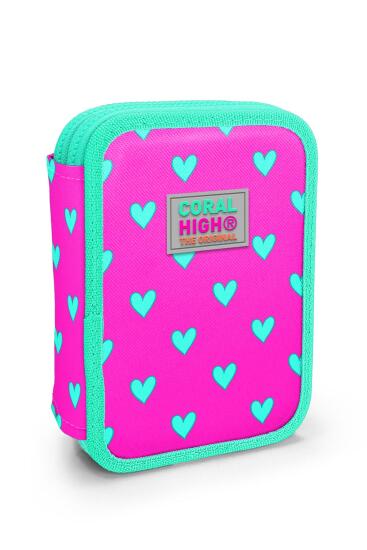 Coral High Kids Neon Pembe Su Yeşili Kalp Desenli Çift Katlı Kalem Çanta 11133 - Coral High KIDS