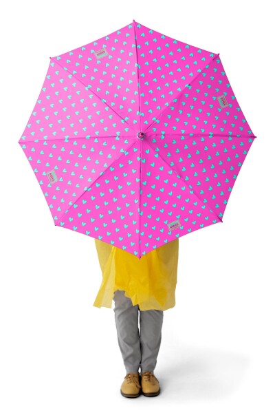 Coral High Kids Neon Pembe Su Yeşili Kalp Desenli Çocuk Şemsiyesi 12660 - 1