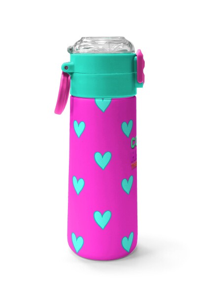 Coral High Kids Neon Pembe Su Yeşili Kalp Desenli Pipetli ve Direkt İçim Çelik Termos 500 ml 31906 - 2