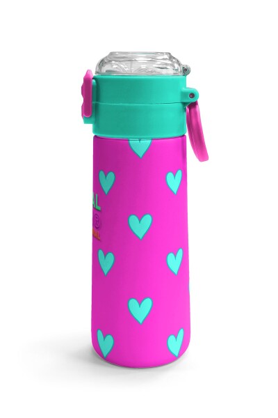 Coral High Kids Neon Pembe Su Yeşili Kalp Desenli Pipetli ve Direkt İçim Çelik Termos 500 ml 31906 - 3