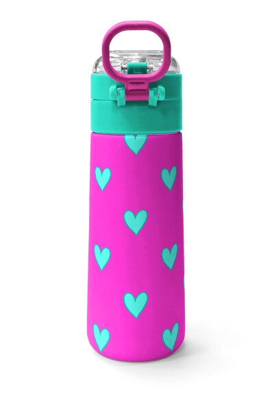 Coral High Kids Neon Pembe Su Yeşili Kalp Desenli Pipetli ve Direkt İçim Çelik Termos 500 ml 31906 - 4