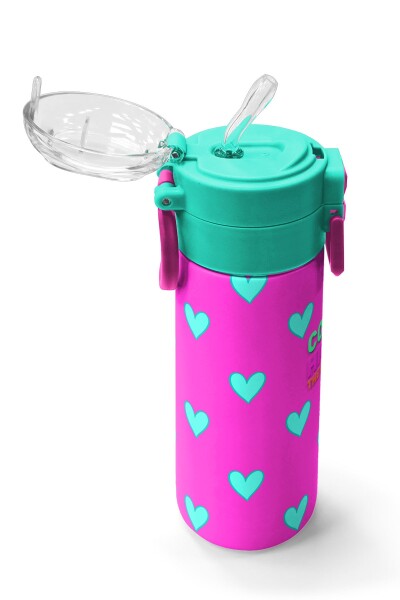 Coral High Kids Neon Pembe Su Yeşili Kalp Desenli Pipetli ve Direkt İçim Çelik Termos 500 ml 31906 - 5