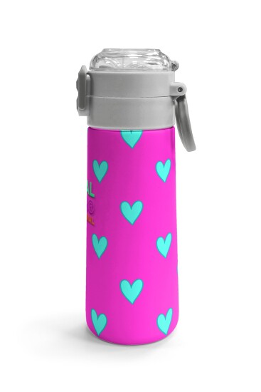 Coral High Kids Neon Pembe Su Yeşili Kalp Desenli Pipetli ve Direkt İçim Çelik Termos 500 ml 31906 - 3