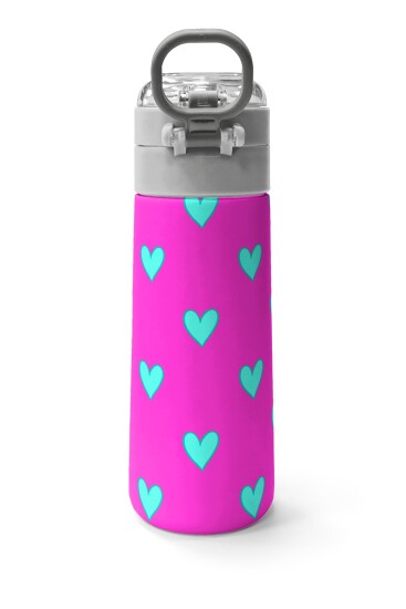 Coral High Kids Neon Pembe Su Yeşili Kalp Desenli Pipetli ve Direkt İçim Çelik Termos 500 ml 31906 - 4