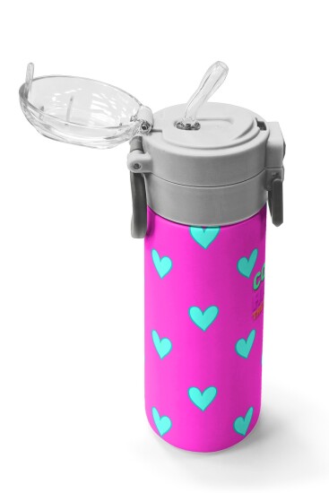 Coral High Kids Neon Pembe Su Yeşili Kalp Desenli Pipetli ve Direkt İçim Çelik Termos 500 ml 31906 - 5