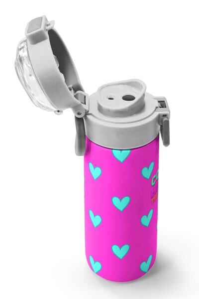 Coral High Kids Neon Pembe Su Yeşili Kalp Desenli Pipetli ve Direkt İçim Çelik Termos 500 ml 31906 - 6