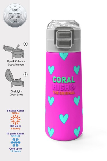 Coral High Kids Neon Pembe Su Yeşili Kalp Desenli Pipetli ve Direkt İçim Çelik Termos 500 ml 31906 - Coral High KIDS