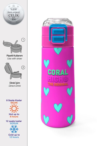 Coral High Kids Neon Pembe Su Yeşili Kalp Desenli Pipetli ve Direkt İçim Çelik Termos 500 ml 31906 - 1