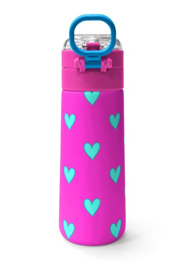 Coral High Kids Neon Pembe Su Yeşili Kalp Desenli Pipetli ve Direkt İçim Çelik Termos 500 ml 31906 - 4