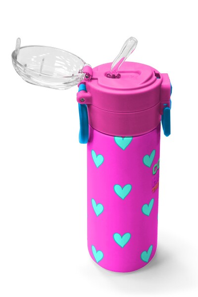 Coral High Kids Neon Pembe Su Yeşili Kalp Desenli Pipetli ve Direkt İçim Çelik Termos 500 ml 31906 - 5